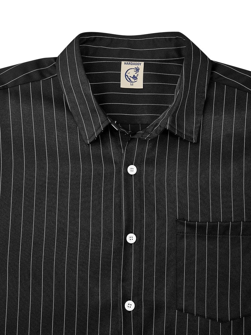Hardaddy Men's Casual Striped Shirts Button Down Short Sleeve Blouse Summer Hawaiian Shirt Black L - Image 4