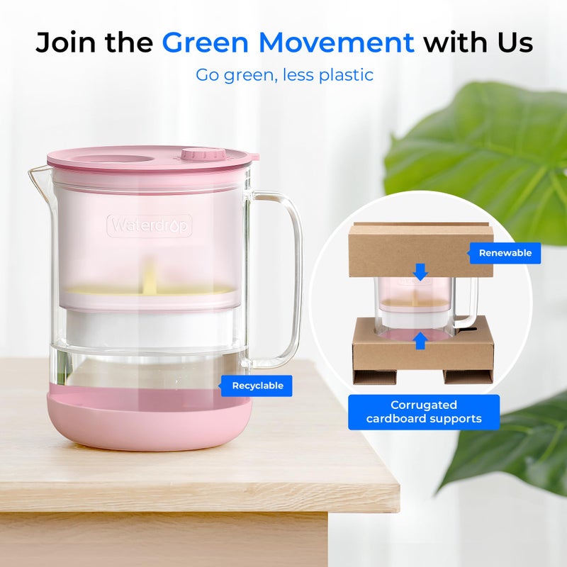 Waterdrop Glass Water Filter Pitcher with 1 Filter, Eco-Friendly, with NSF 53&42&372 Certified Filter, 7-Cup, Reduces PFOA/PFOS, Chlorine, Cadmium, Copper, Mercury, BPA Free, Easy to Clean, Pink - Image 3
