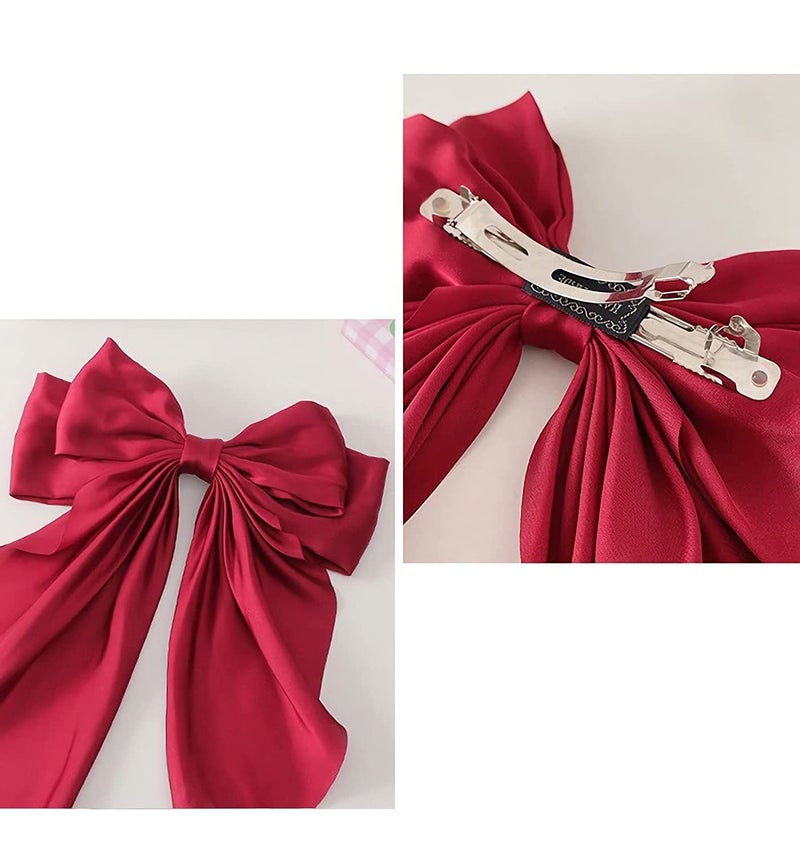 WHISKET - Hair Bow Clip, Big Satin Layered Hair Accessories for Women Girls,Barrette Hair Clip, Long Black Ribbon Bows, French Style (RED) - Image 4