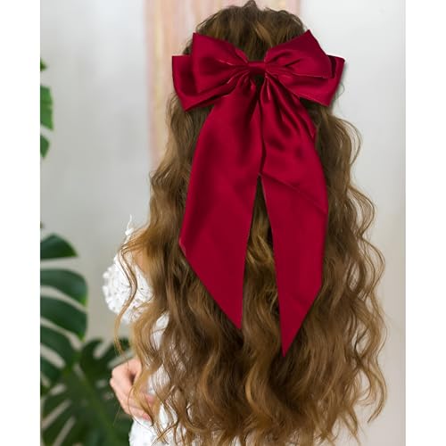WHISKET - Hair Bow Clip, Big Satin Layered Hair Accessories for Women Girls,Barrette Hair Clip, Long Black Ribbon Bows, French Style (RED) - Image 1