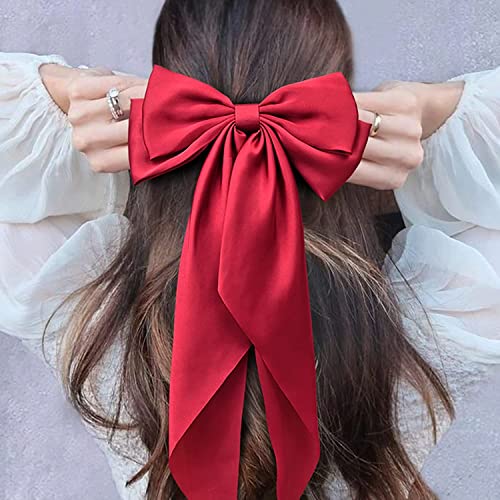 WHISKET - Hair Bow Clip, Big Satin Layered Hair Accessories for Women Girls,Barrette Hair Clip, Long Black Ribbon Bows, French Style (RED) - Image 5
