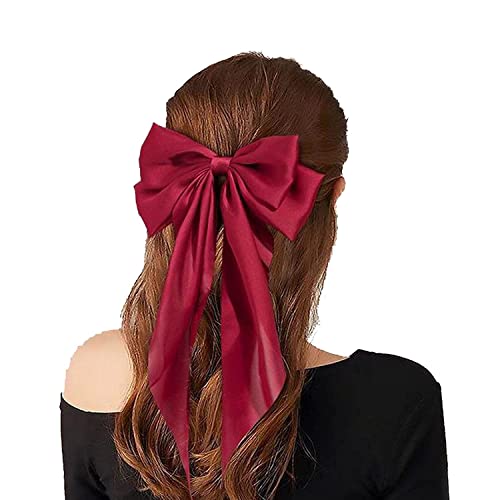 WHISKET - Hair Bow Clip, Big Satin Layered Hair Accessories for Women Girls,Barrette Hair Clip, Long Black Ribbon Bows, French Style (RED) - Image 3