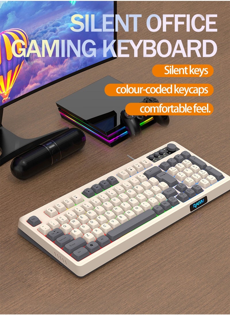 RAIKU 98-Key Wired Keyboard, Membrane Knob Keyboard, Color-coded Illuminated Mechanical Feeling, Mute, RGB Lighting Effects, Built-in Volume Knob, Suitable for Gaming, Office Use  - Image 2