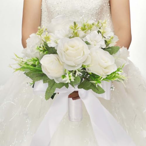CYANLUX Wedding Bouquets for Bride Bridesmaid Bouquet Champagne White Artificial Roses Flowers for Wedding Valentine's Day Church Home Decoration (White)… - Image 3