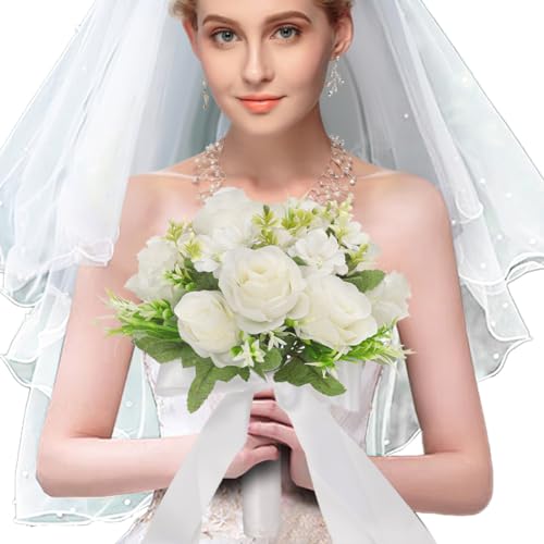 CYANLUX Wedding Bouquets for Bride Bridesmaid Bouquet Champagne White Artificial Roses Flowers for Wedding Valentine's Day Church Home Decoration (White)… - Image 2