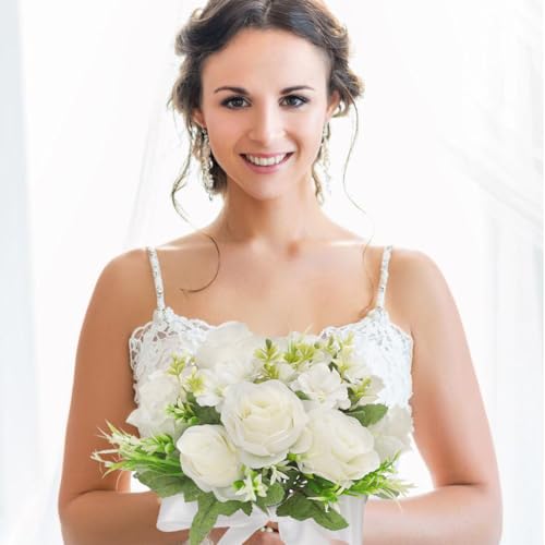 CYANLUX Wedding Bouquets for Bride Bridesmaid Bouquet Champagne White Artificial Roses Flowers for Wedding Valentine's Day Church Home Decoration (White)… - Image 4