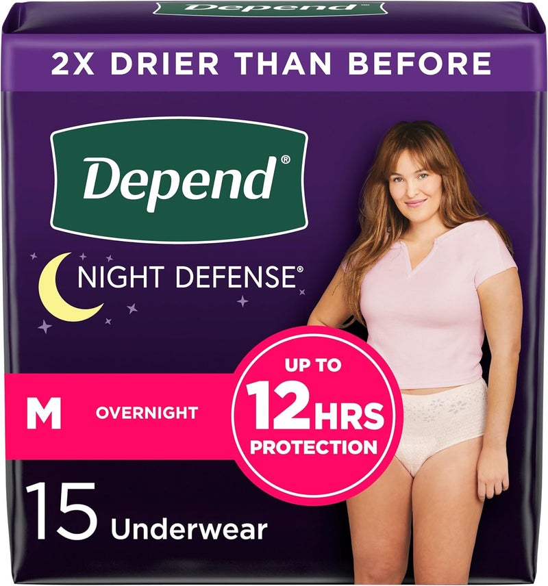Depend Depend Night Defense Adult Incontinence & Postpartum Bladder Leak Underwear for Women, Disposable, Overnight, Medium, Blush, 15 Count, Packaging May Vary 
