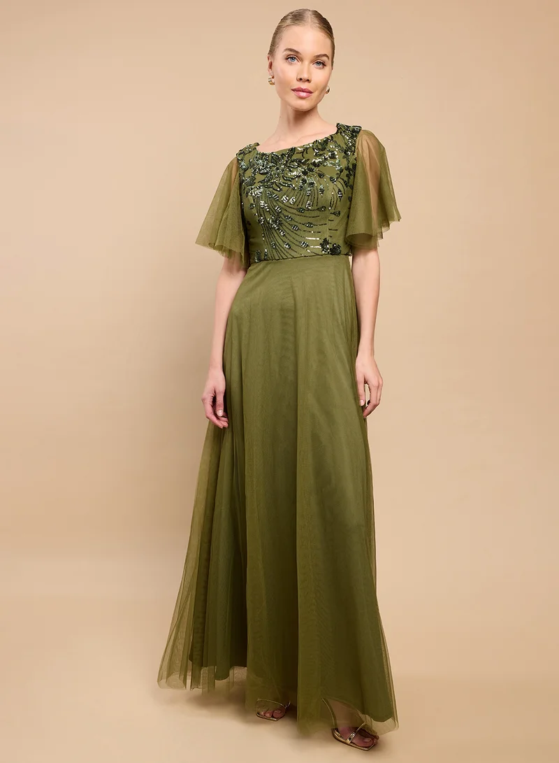 Little Mistress Sequins Detailed Flared Short Sleeve Maxi Dress