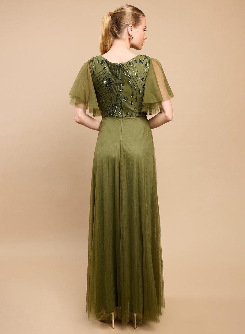 Little Mistress Sequins Detailed Flared Short Sleeve Maxi Dress - Image 2