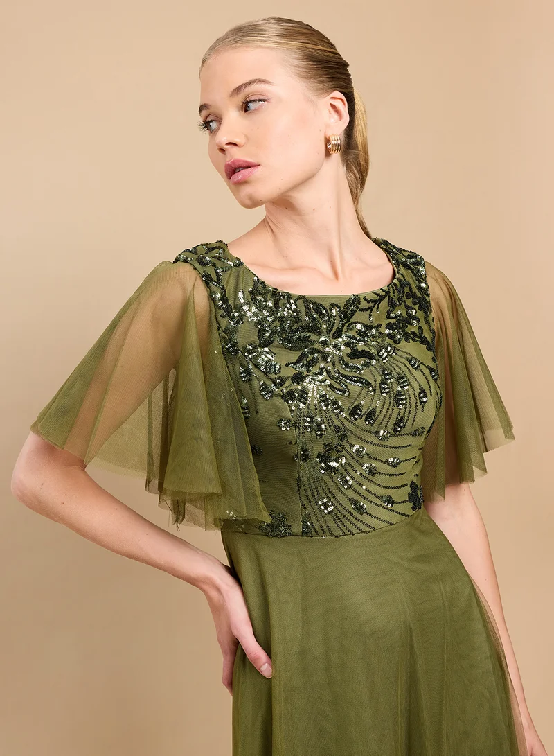 Little Mistress Sequins Detailed Flared Short Sleeve Maxi Dress