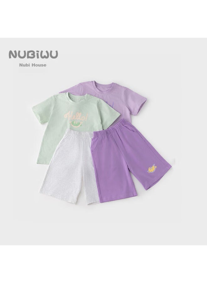 Nubiwu Girls' Summer Pajama Set, Pure Cotton Short-sleeve Shorts Two-piece Outfit, Children's Round Neck Pullover Thin Sleepwear - Image 2