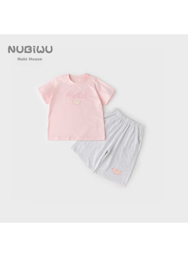 Nubiwu Girls' Summer Pajama Set, Pure Cotton Short-sleeve Shorts Two-piece Outfit, Children's Round Neck Pullover Thin Sleepwear - Image 1