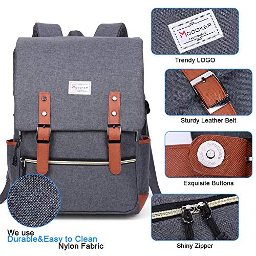 Modoker Vintage Laptop Backpack for Women Men,Travel Backpacks with USB Charging Port Fashion Backpack Fits 15.6Inch Notebook, Grey - Image 5