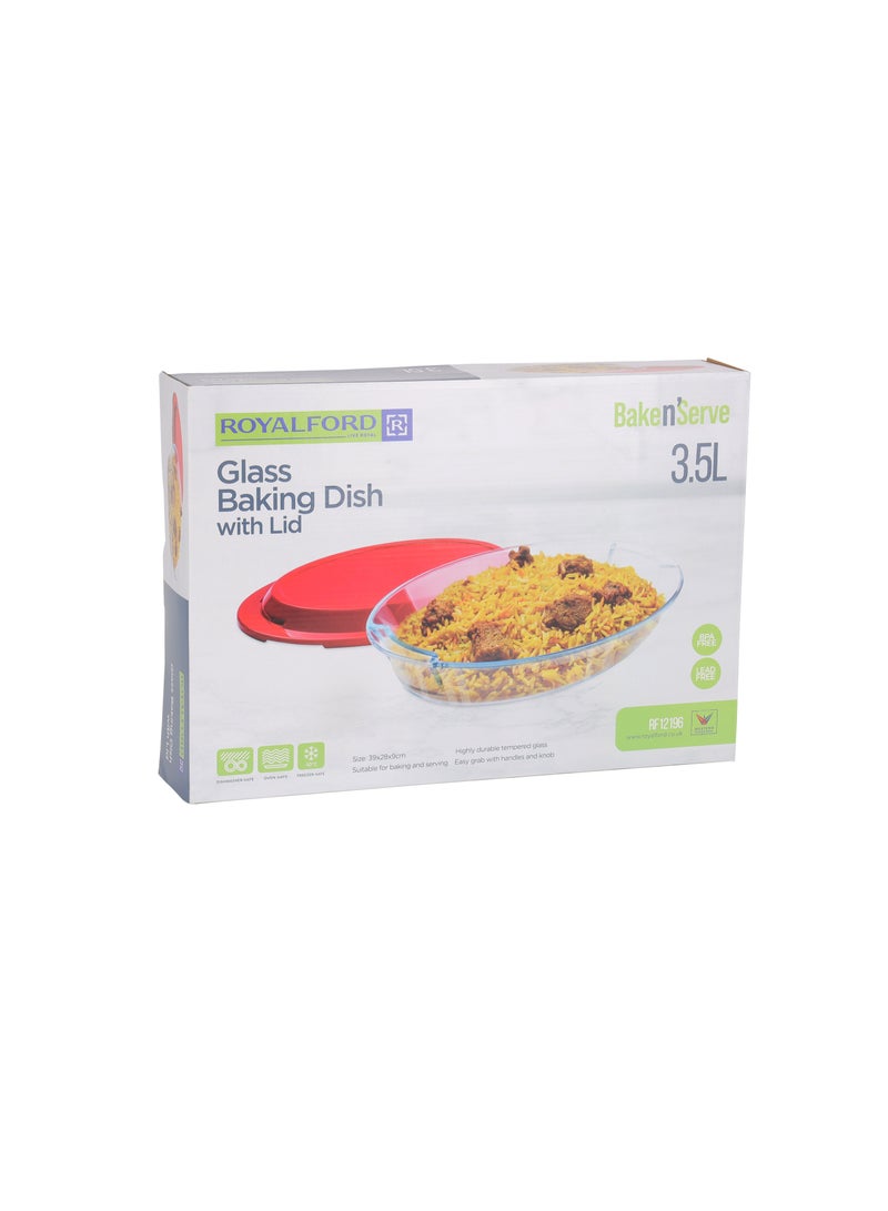 Royalford 3.5 L Glass Baking Dish with Lid-RF12196/ Oval Tray Perfect for Baking and Serving/ Casserole with Easy Grab Handles and Knob/ Oven, Dishwasher and Freezer Safe Clear 3.5Liters - Image 5