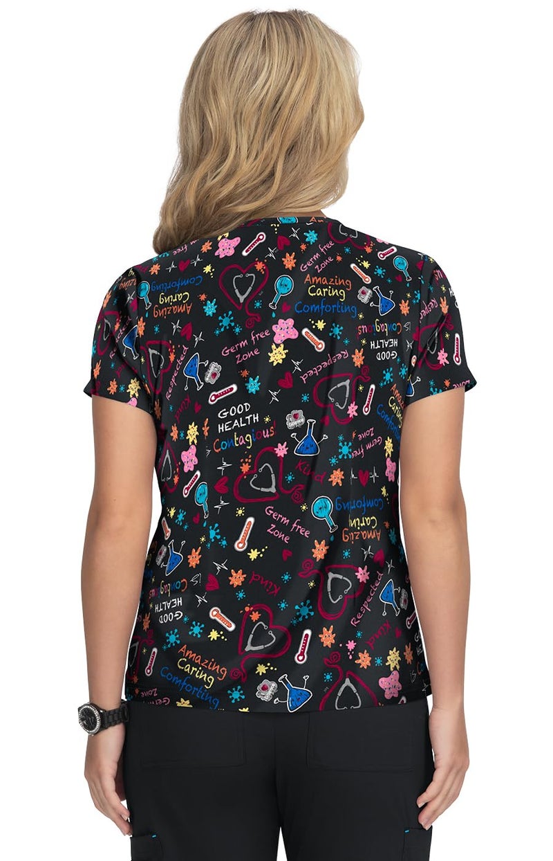 KOI Basics Leslie Women's 2-Pocket Stretch Print Top Germ Free Zone M - Image 2