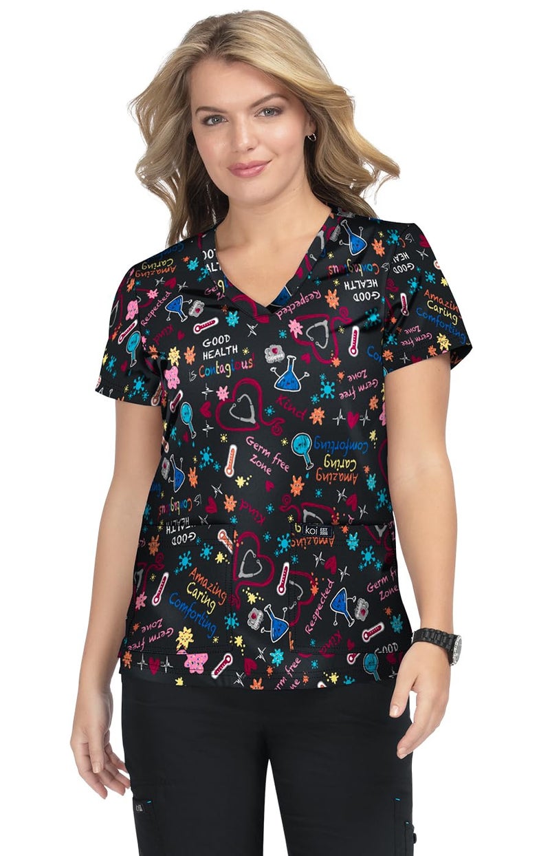 KOI Basics Leslie Women's 2-Pocket Stretch Print Top Germ Free Zone M - Image 5