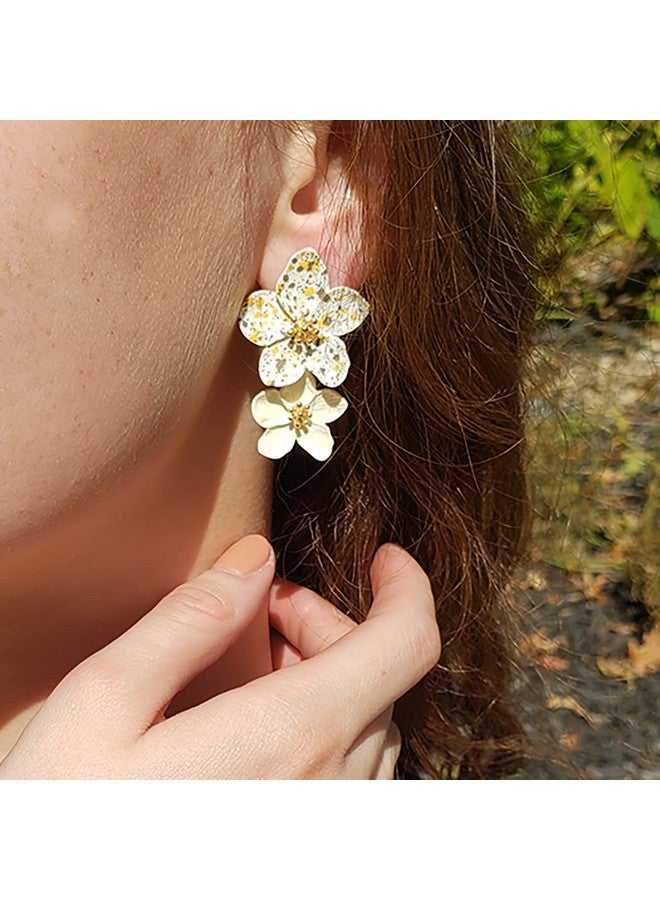 Rosemarie Collections Women'S Cream Color Powder Coated 3D Double Metal Flower Dangle Drop Post Earrings (Spotted/Cream) - Image 2
