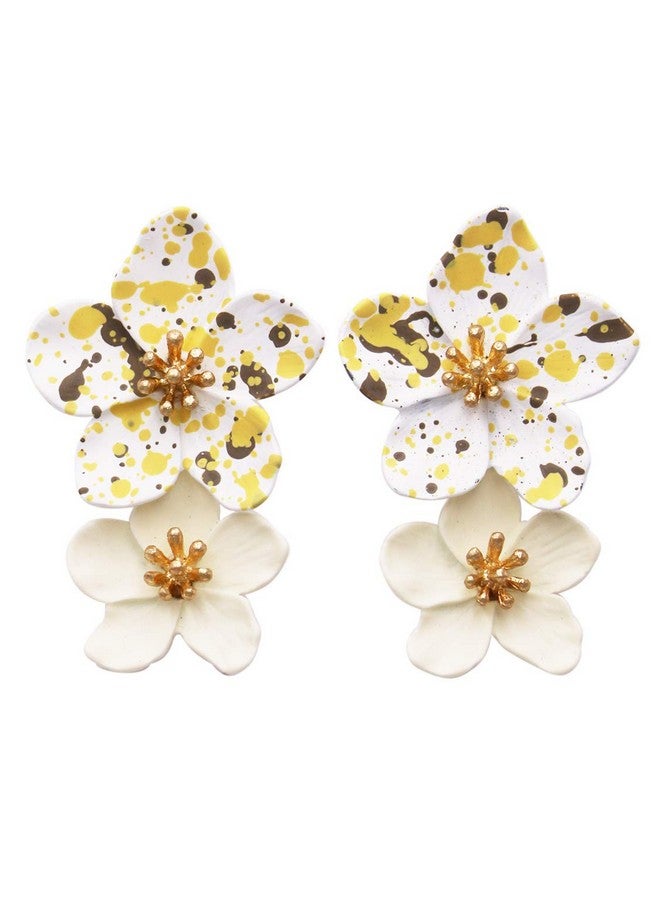 Rosemarie Collections Women'S Cream Color Powder Coated 3D Double Metal Flower Dangle Drop Post Earrings (Spotted/Cream) - Image 1