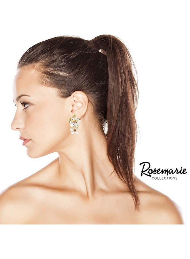 Rosemarie Collections Women'S Cream Color Powder Coated 3D Double Metal Flower Dangle Drop Post Earrings (Spotted/Cream) - Image 4