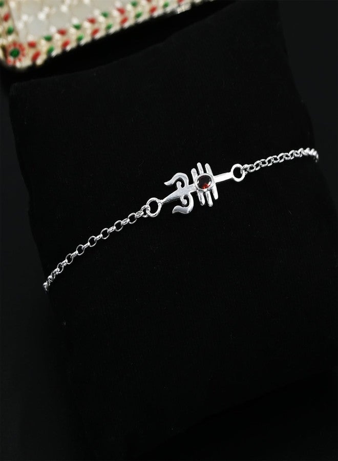 Parnika 925 Om Ganesha Rudraksha Infinity Bro Shiv Bhai Adjustable Silver Rakhi Bracelet For Brother in 92.5 Sterling Silver for Boys and Men | Chandi ki Rakhi | Gift Box Roli Chawal (Trishul) - Image 4