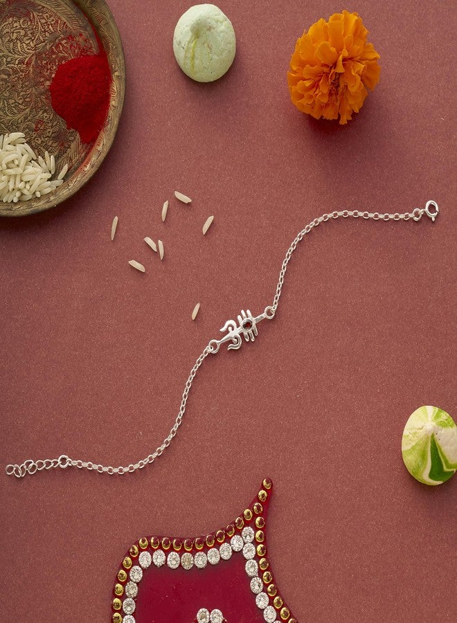 Parnika 925 Om Ganesha Rudraksha Infinity Bro Shiv Bhai Adjustable Silver Rakhi Bracelet For Brother in 92.5 Sterling Silver for Boys and Men | Chandi ki Rakhi | Gift Box Roli Chawal (Trishul) - Image 2