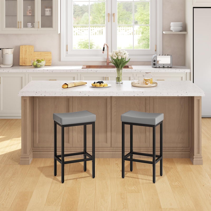 HOOBRO Bar Stools Set of 2, 24.8 Inches Bar Chairs, Counter Height Stools, Saddle Barstools with Curved Surface, 2.4" Thick Upholstery, for Kitchen, Dining Room, Gray and Black BG10BY01 - Image 3