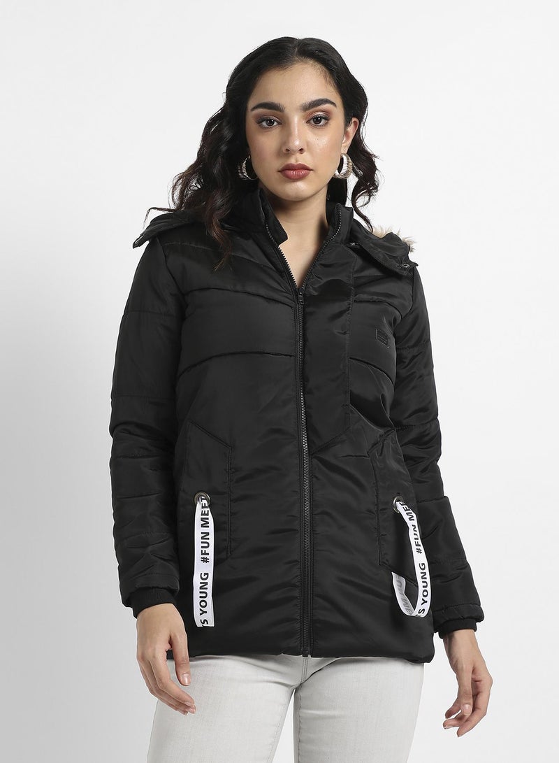 PINACOLADA Women's Black Zip-Front Puffer Jacket With Fur Detail - Image 2