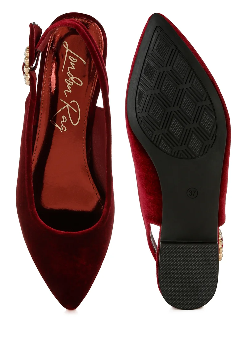 London Rag Velvet Slingback Flat Sandals in Dark Red