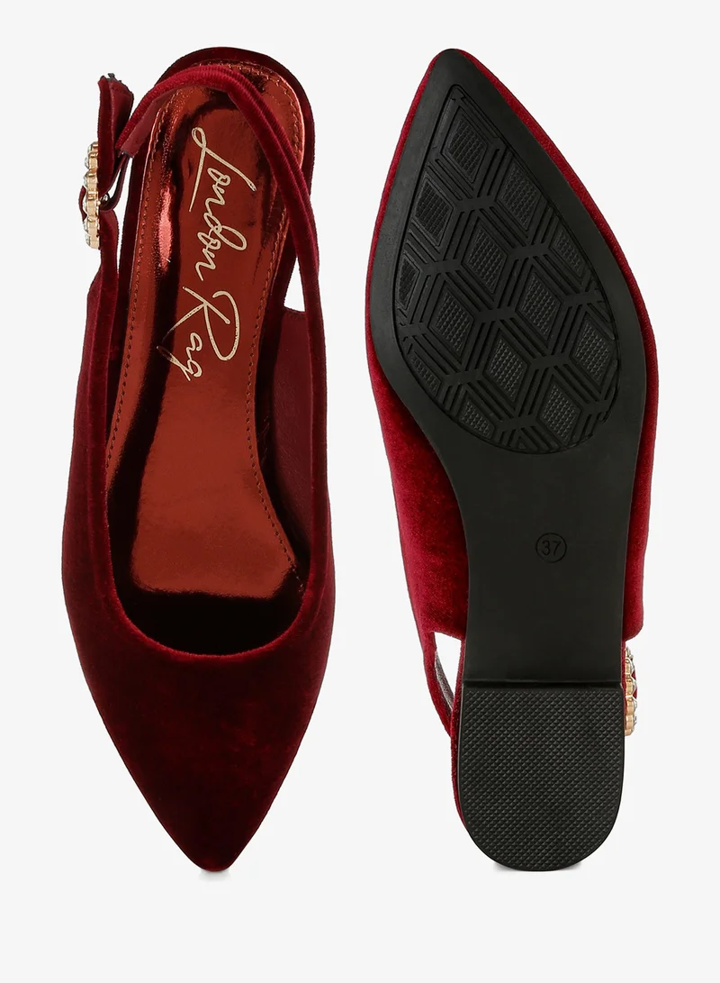 London Rag Velvet Slingback Flat Sandals in Dark Red