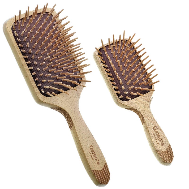 Giorgio Eco Friendly Wooden Bristle Hairbrush  Bundle Detangling Brush and Hair Growth Brush for Thick or Long Hair  Paddle Hair Brush Made with Anti Static Beechwood Silicone Massage Cushion