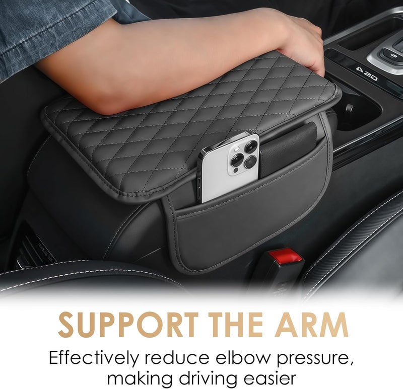 AMZAUTO Car Center Console Cover, Leather Car Arm Rest Cover with 2 Storage Bags, Universal Auto Armrest Cushion Pad, Automobile Interior Accessories Protector for Most Vehicles, SUVs, Trucks (Black) - Image 3