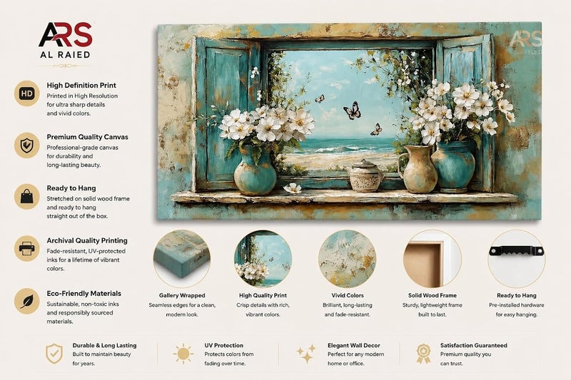 ARS Graphics ARS® Window Ocean View Canvas Wall Art 100 X 150 CM Vintage Turquoise Open Shutter Painting with White Flowers, Vases & Butterflies - Image 3