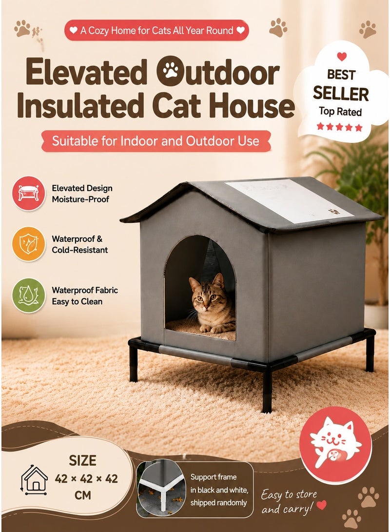 Cat Shelter - Animal Tent Bed with Raised Floor and Mat |Cats Home Weatherproof, Foldable Insulated Warm Pet Kitten Nest Cave for Patio Backyard, 42x42x42cm - Image 1