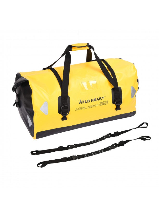 WILD HEART حقيبة دفل مقاومة للماء WILD HEART سعة 40L 66L 100L مع لحامات ملحومة للتجديف، التخييم، الإبحار، الدراجات النارية (100L أصفر مع قاع مزدوج وحبل ربط) - Image 1