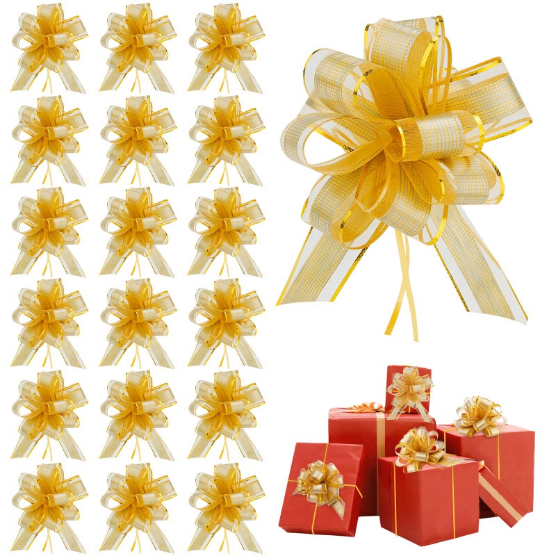 Amcami 20 Pieces Large Pull Bows for Gift Wrapping Christmas Big Gold Ribbon Bows for Xmas Gift Baskets Wine Bottles Decoration Gift Bows Organza Pull Bow for Wedding Party Birthdays Holidays - Image 1