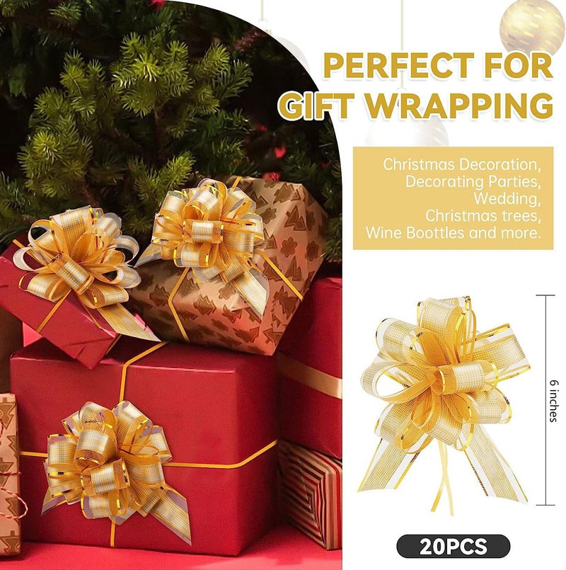 Amcami 20 Pieces Large Pull Bows for Gift Wrapping Christmas Big Gold Ribbon Bows for Xmas Gift Baskets Wine Bottles Decoration Gift Bows Organza Pull Bow for Wedding Party Birthdays Holidays - Image 2
