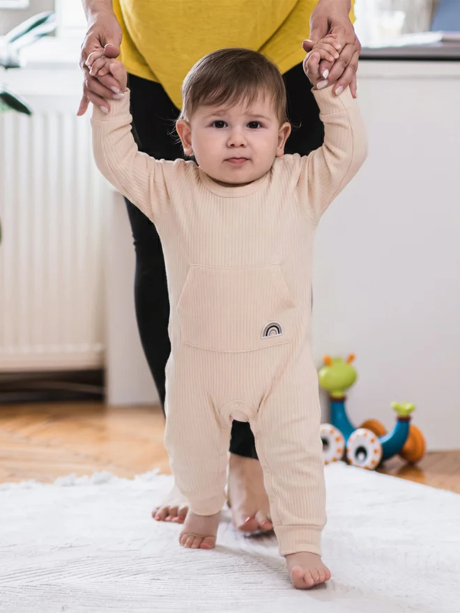 بابيز_بيسك Babies Basic Premium Ribbed Cotton Sleepsuit Romper with Cap and Bib