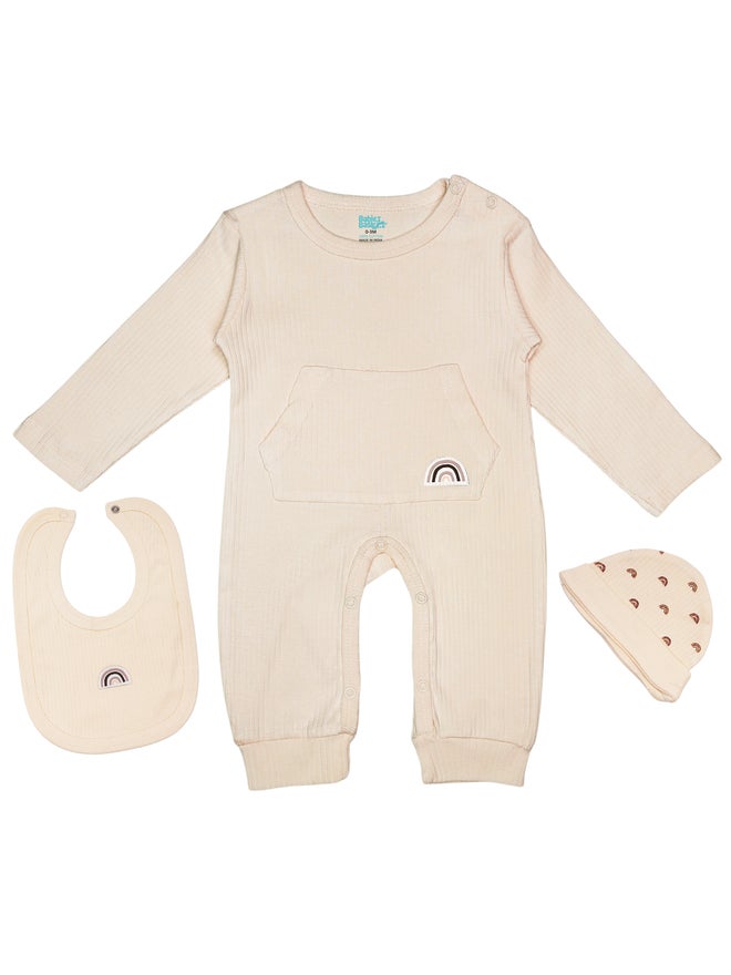 Babies Basic Premium Ribbed Cotton Sleepsuit Romper with Cap and Bib - Image 1
