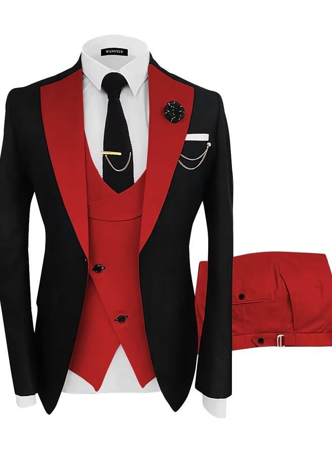Wangyue Mens Suit 3 Piece Slim Fit Suits for Men Wedding Prom Tuxedo for Men Formal Business Suit, Black-red, XS - Image 1