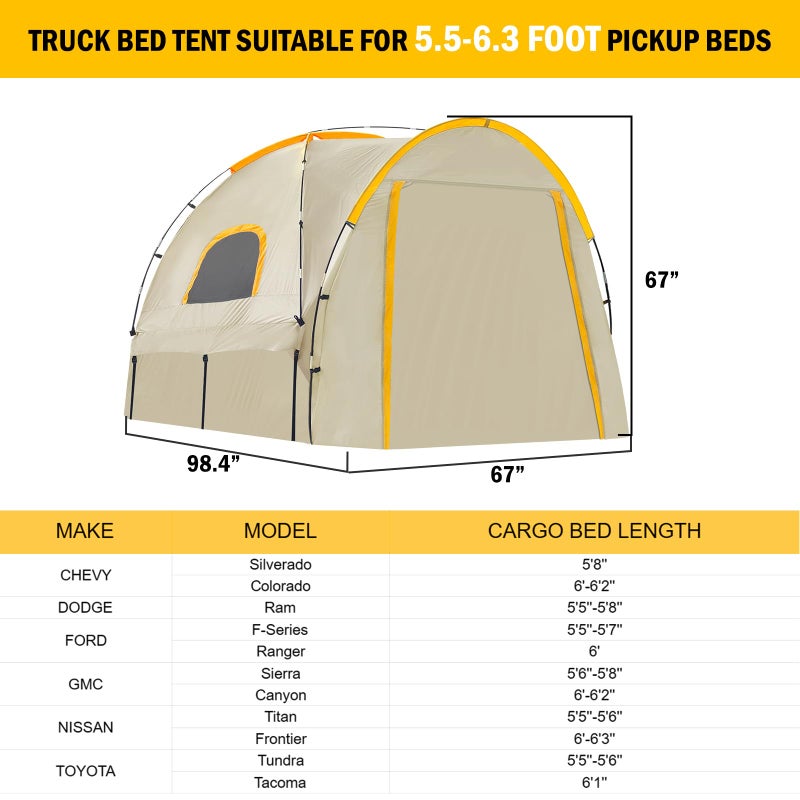 Qualencey Pickup Truck Tent with Awning Shade,Waterproof PU5000mm Oxford for 5.5-6.3 FT Truck Bed for Camping Travel Outdoor Activities for Chevy Silverado 1500,Ram 1500/Dakota,F150,GMC 1500,Titan,Tundra - Image 2