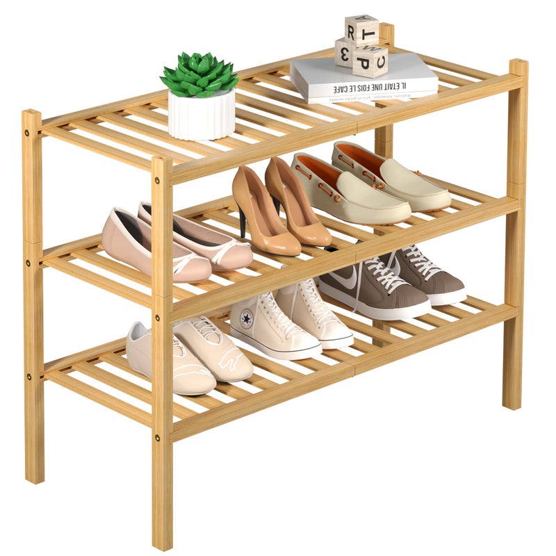 ROMGUAR CRAFT 3 Tier Bamboo Shoe Rack for Closet Free Standing Wood Shoe Shelf Storage Organizer for Entryway Small Space Stackable 27x11x20 Natural
