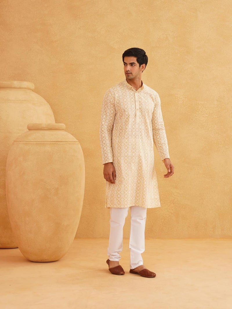 SOJANYA (Since 1958 Men's Cotton Gold Sequence Embroidered Beige Kurta with White Churidaar Pyjama - Image 2