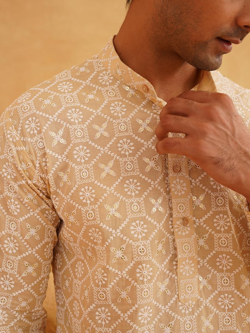 SOJANYA (Since 1958 Men's Cotton Gold Sequence Embroidered Beige Kurta with White Churidaar Pyjama - Image 5