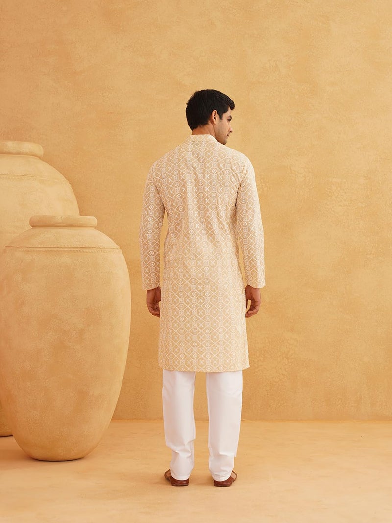 SOJANYA (Since 1958 Men's Cotton Gold Sequence Embroidered Beige Kurta with White Churidaar Pyjama - Image 4