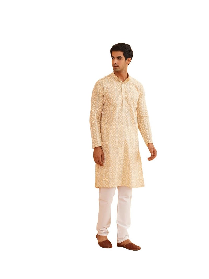SOJANYA (Since 1958 Men's Cotton Gold Sequence Embroidered Beige Kurta with White Churidaar Pyjama - Image 1