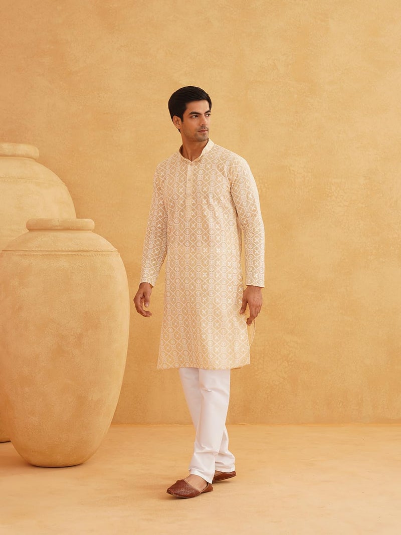 SOJANYA (Since 1958 Men's Cotton Gold Sequence Embroidered Beige Kurta with White Churidaar Pyjama - Image 3