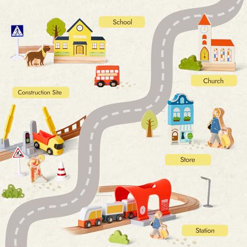 Giant bean 94pcs Wooden Train Set Modern City Adventure Railway Track for Kids with Bridge Tunnel Crane Town Buildings Compatible with Most Brand Christmas Toy Gift for Boys Girls Age 38 - Image 5
