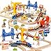 Giant bean 94pcs Wooden Train Set Modern City Adventure Railway Track for Kids with Bridge Tunnel Crane Town Buildings Compatible with Most Brand Christmas Toy Gift for Boys Girls Age 38 - Image 2
