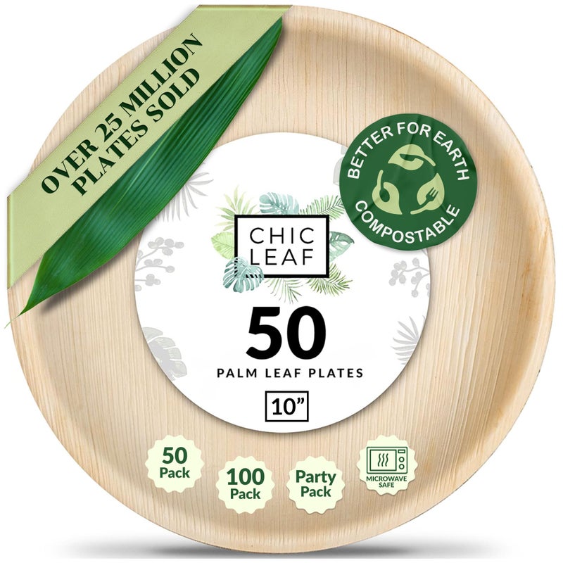 Chic Leaf Palm Leaf Plates  10 Round  50 Pack of 100 Compostable Biodegradable  Disposable Bamboo Plates  Heavy Duty Sturdy Paper Alternative for Wedding Desserts  Events