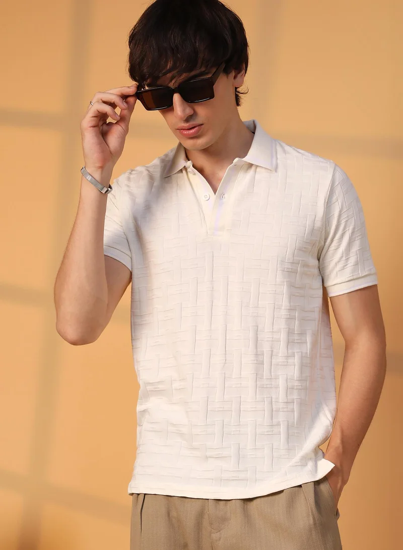 Campus Sutra Men's Cream White Weave-Textured Polo T-Shirt